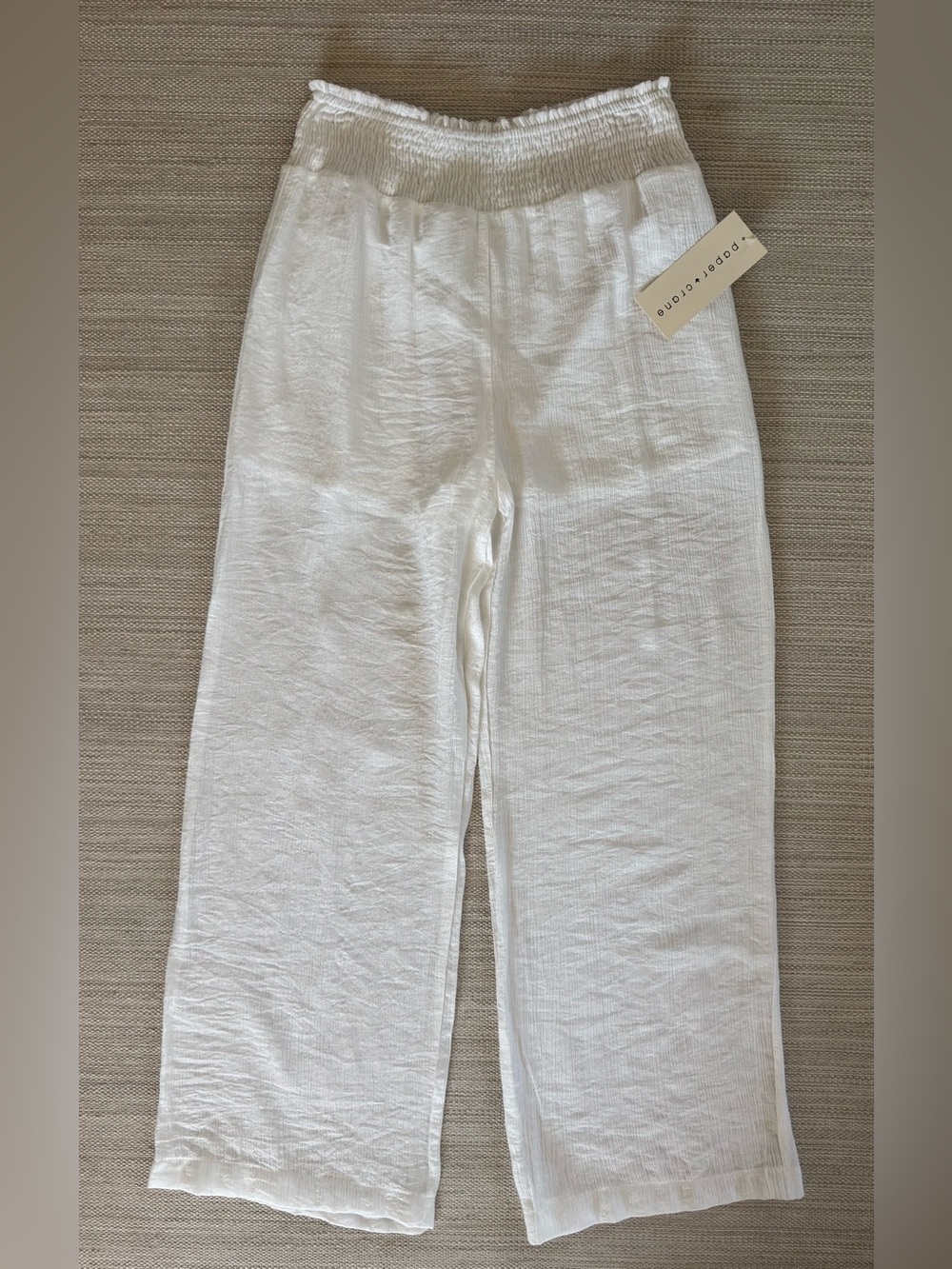 Paper Crane white elastic waist wide leg beach lounge pants women’s size S NWT